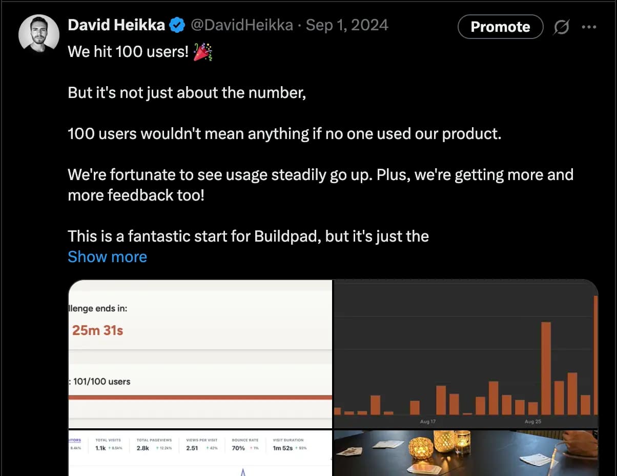 Reaching 100 users - X post