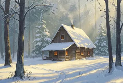 Snowy cabin in Swedish forest